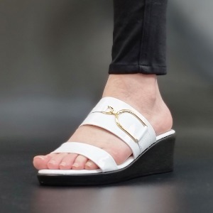 여성 골드 체인 통굽 웨지 슬리퍼 힐 (225-250 화이트 블랙) 여름 신발 캐주얼